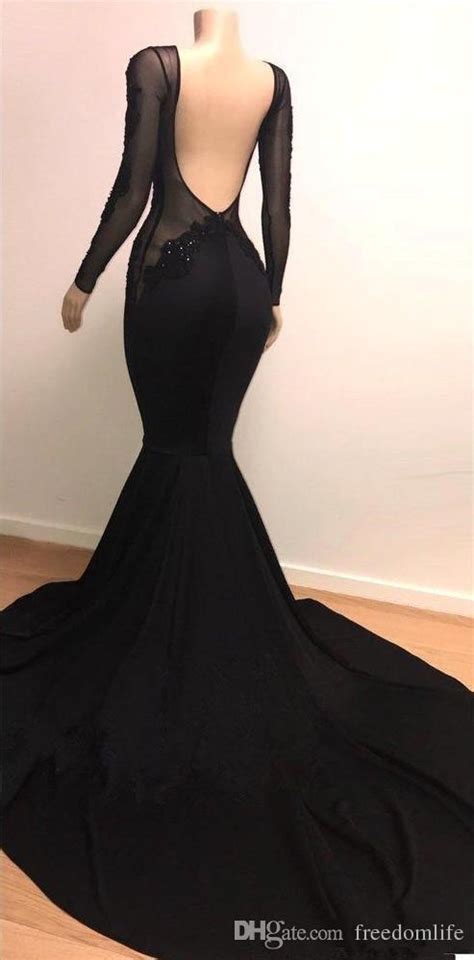 2019 Mermaid Black Prom Dresses Long Sleeves Sexy Illusion Bodices Lace