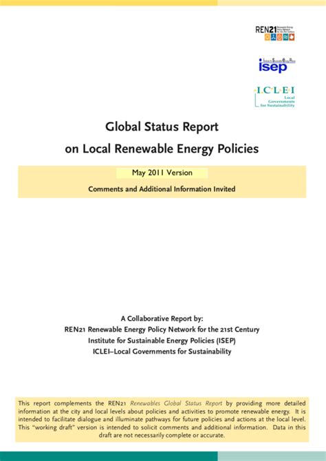 Ren21 Global Status Report On Local Renewable Energy Policies Update