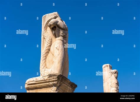 Statues of mythological heroes in Ancient Agora, Athens, Greece. View