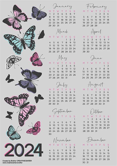 Free Printable Calendar Butterflies 2024