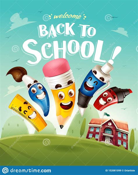 Back To School Funny Cute Cartoon School Stationery Character Stock