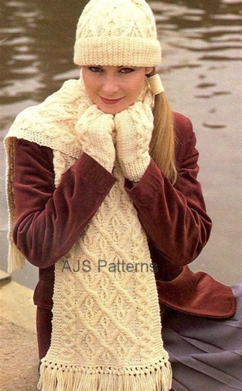 pdf knitting pattern aran beanie hat mittens and scarf set etsy