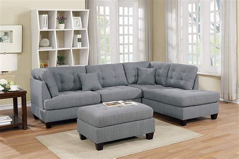 Modern Reversible Grey Linen Like Fabric Sectional Sofa Set With Tufted