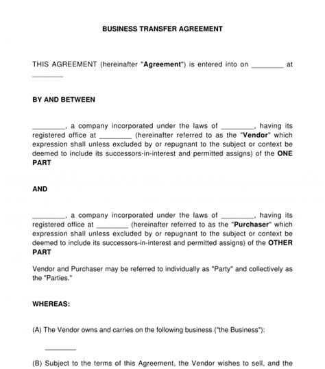Business Transfer Agreement Template Free