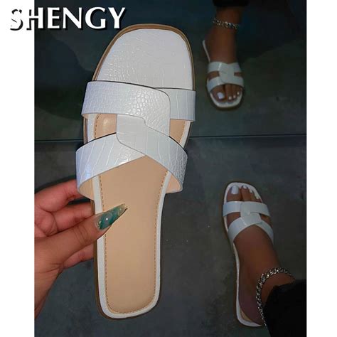 Shengy sandálias rasteirinhas femininas chinelos de couro artificial