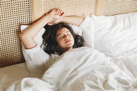 Beautiful Happy Young Woman Lying In Bed In The Morning In Hotel Room
