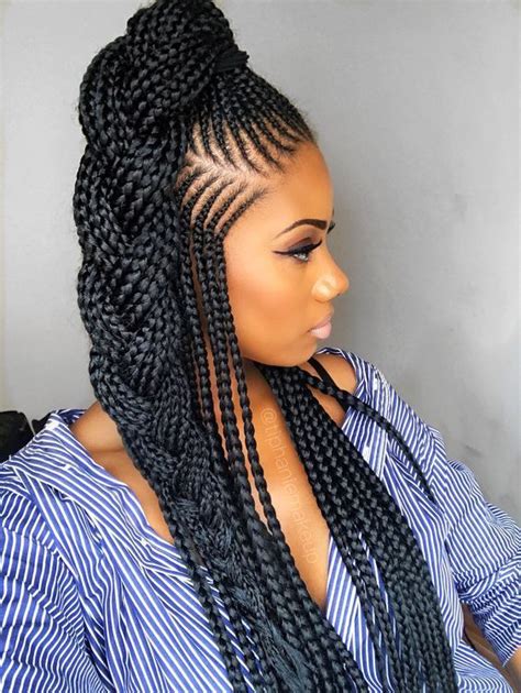 This hairstyle requires continuously adding of hair extension into a single cornrow to get a desired width and length. braids hairstyles 2019,braids hairstyles 2018,ghana braid ...