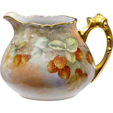 Antique Porcelain Pitcher with Signed Strawberry Painting and Gilded ...