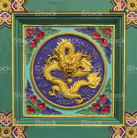 Gold Dragon Statue On Chinese Temple Wallthailand Stock Photo