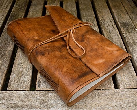A4 Large Distressed Brown Leather Travel Journal Wraparound Cover Wit