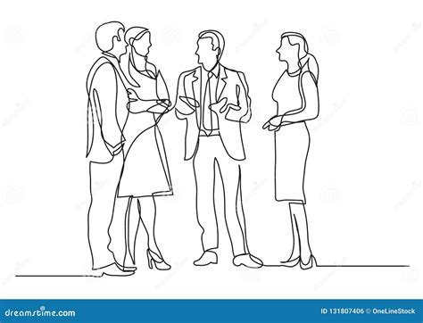 Continuous Line Drawing Of Business Professionals Standing Meeting