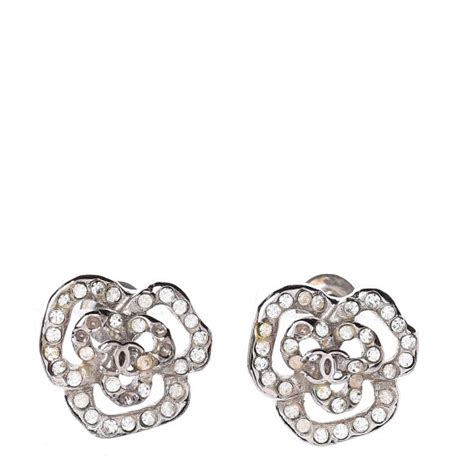 Chanel Crystal Cc Camellia Earrings Silver 562978