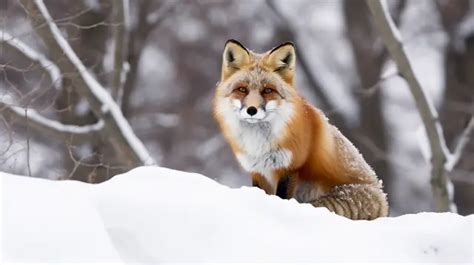 Red Fox Sitting In The Snow And Looking Up A Red Fox Facing Right