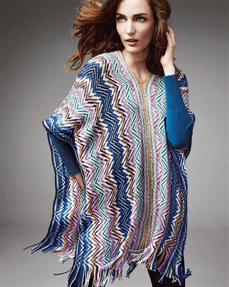 Missoni Zigzag Knit Poncho With Fringe In Multicolor Blue Lyst
