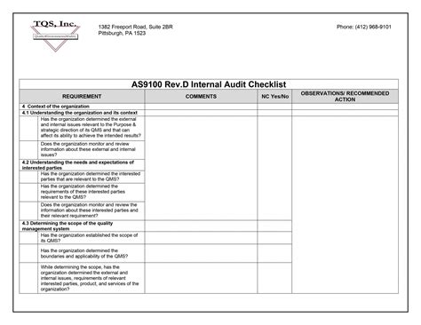 As9100 Rev D Internal Auditor Checklist Tqs Inc