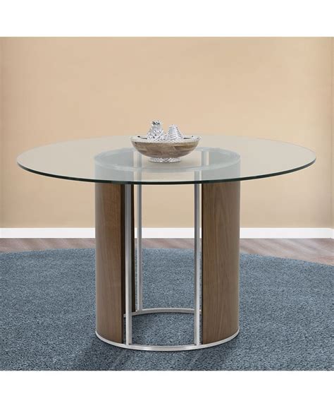 Armen Living Delano Round Dining Table In Brushed Stainless Steel With Clear Tempered Glass Top