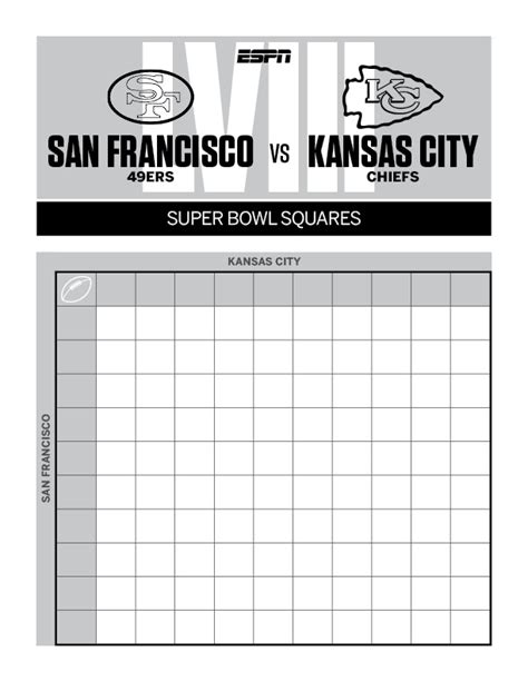 2024 Super Bowl Squares 49ers Chiefs Printable Party Sheet