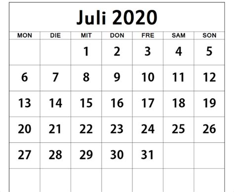 Pin Auf Kalender Juli 2020 Mit Feiertagen