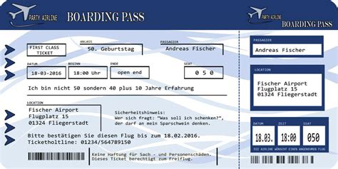 Einladungen zum 50 geburtstag vorlagen kostenlos ausdrucken. Einladungskarten Flugticket Blau Geburtstag 18. 20. 30. 40 ...