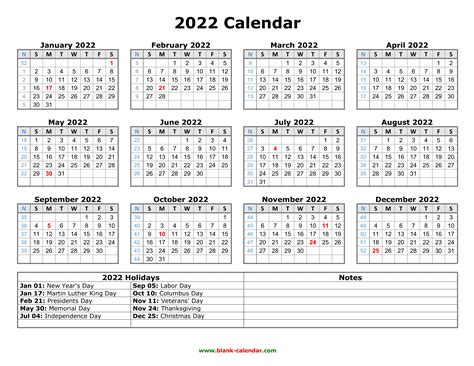 2022 Printable Calendar With Holidays Free Letter Templates