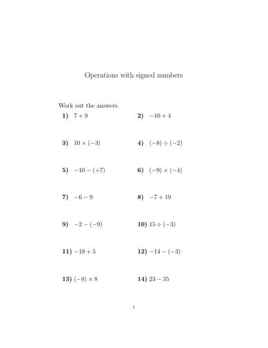 Operations With Signed Numbers Worksheet Pdf