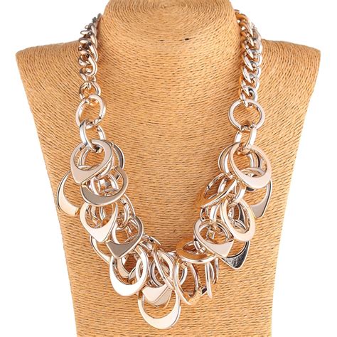 Exaggerated Gold Grey Metal Round Chain Necklaces Statement Chuny Multi