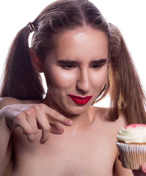 Adorable Brunette Girl With Red Lips Kissing A Tart Cake With So Stock