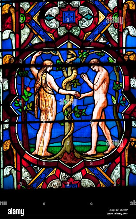 Stained Glass Window Of Adam And Eve At The Medieval Cathedral Of Stock