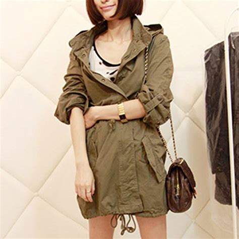 Easy Leisure Girl Army Green Military Parka Button Trench Hooded Coat