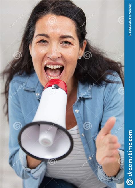 Middle Aged Woman Yelling Through Megaphone Stock Photo Image Of Sign