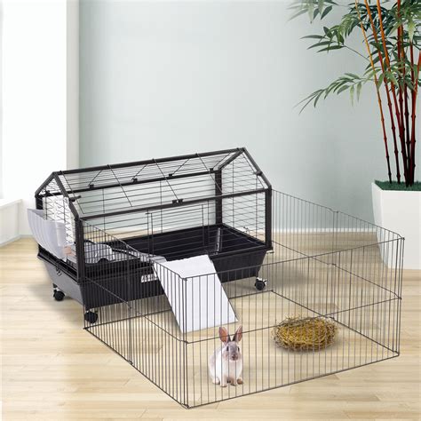 Pawhut Rolling Metal Rabbit Small Animal Hutch Cage W Main House And