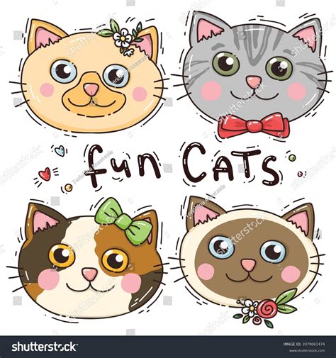Cute Cats Faces Hand Drawn Characters Stock Vector Royalty Free