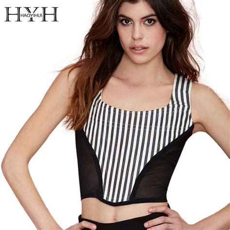 hyh haoyihui sriped print women vest color block square collar sleeveless crop tops mesh sheer