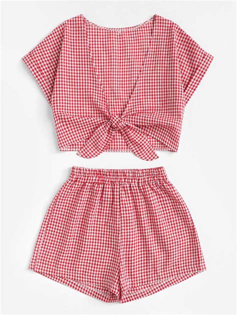 Tie Front Gingham Top With Shortsfor Women Romwe Fashion Fashion Clothes Women Summer
