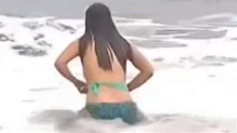 Chilean Tv Reporters Bikini Tops Comes Off In The Surf On Live Tv