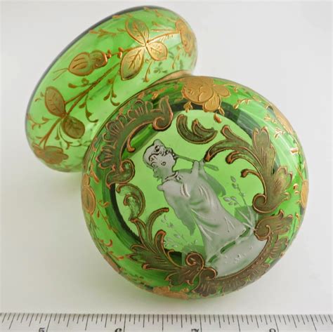 Collectibles Vintage Antique Moser Trinket Box Green Enameled Art Glass Czech Bohemian Antique Sold