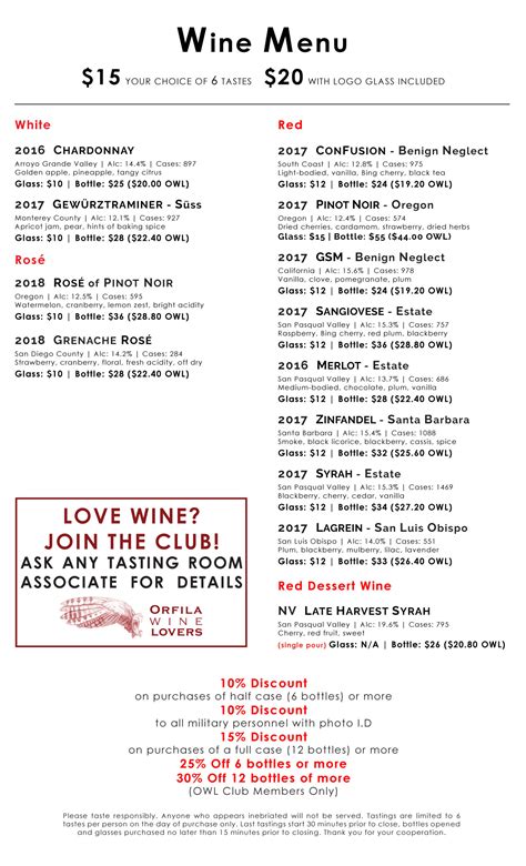 Current Wine Menu Orfila Vineyards And Winery