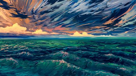 Download Wallpaper 1366x768 Sea Waves Art Surf Horizon