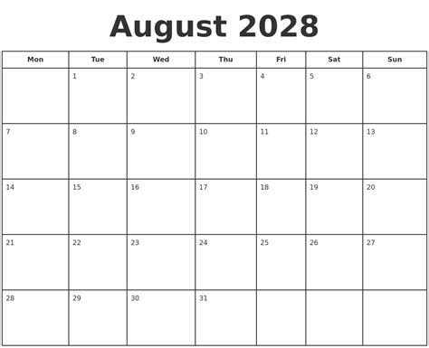 August 2028 Print A Calendar