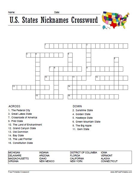 Print Us States Nicknames Crossword Free Printable
