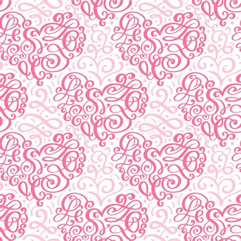 Cute Calligraphy Hearts Seamless Vector Pattern With Flourish Swirl
