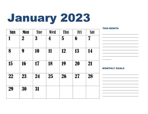 January 2023 Printable Calendar Pdf Template With Holidays Printable