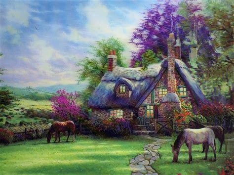 3d Picture Cottage With Horses In 2022 Thomas Kinkade Art Thomas