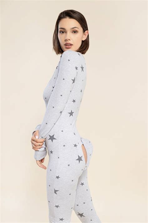 Sexy Pyjama Jumpsuit With Butt Flap Ladies Sleepsuit Onezee Grey Big