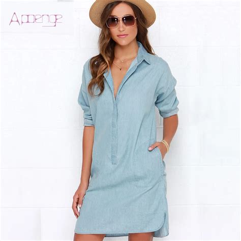 APOENG Summer Mini Loose Shirt Dresses Women Clothing Denim Dress