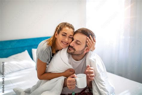 Caring Wife Young Woman Taking Care Of His Sick Husband Bringing Tea