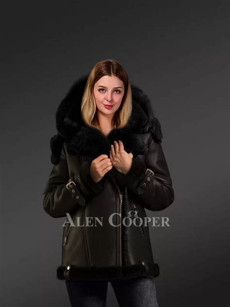 Real Shearling Jacket Women With Fox Fur Accent