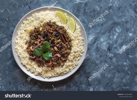 Moroccan Spiced Mince Couscous Top View Stock Photo 1359954002