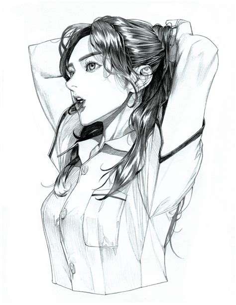 heo sung moo original commentary english commentary highres 1girl arms behind head arms