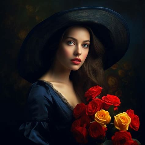 Premium Ai Image A Woman In A Black Hat With Red Roses